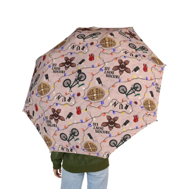 Underneath view of the 8 windproof fiberglass ribs on the Stranger Things rain umbrella.
