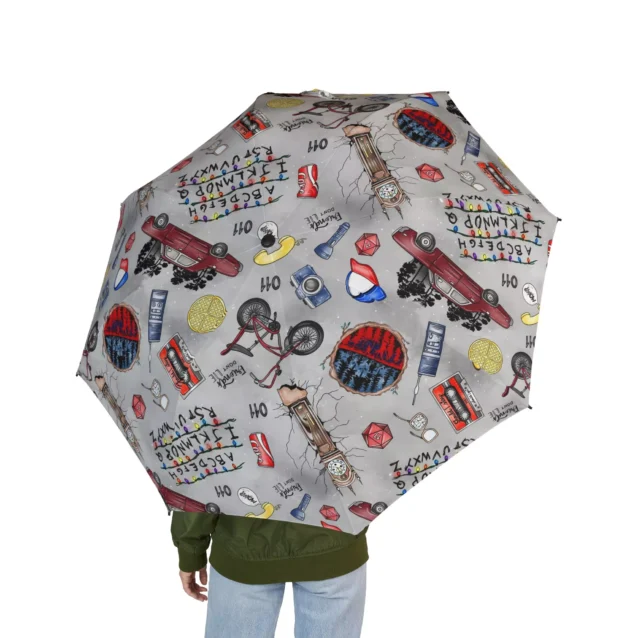Water droplets beading off the 210T high-density fabric of the Stranger Things umbrella.