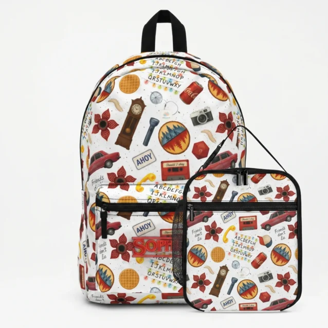 Surfer Boy Pizza checkerboard design Stranger Things backpack and lunch box set.