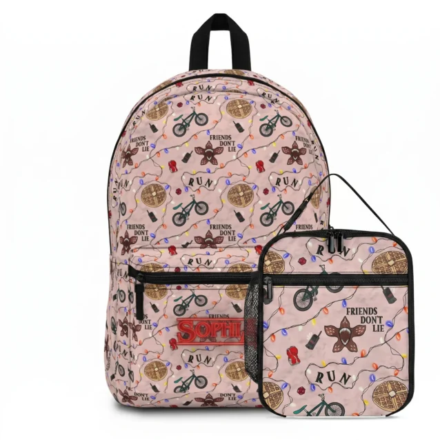 Coordinated Friends Don't Lie Stranger Things school backpack and matching lunchbox set.