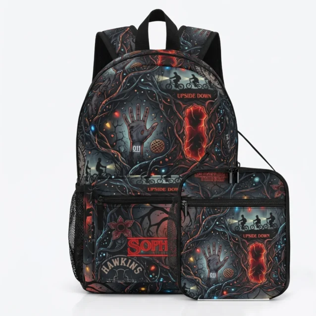 Set of 2 Stranger Things sprayground style Demogorgon streetwear backpack and insulated lunch bag combo.