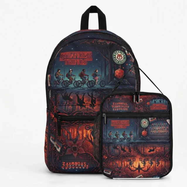Upside-Down inverted frame Stranger Things backpack and lunch bag combo set.