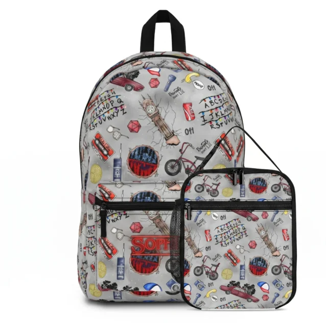 Personalized Retro Hawkins canvas Stranger Things bookbag and lunch bag set of 2.