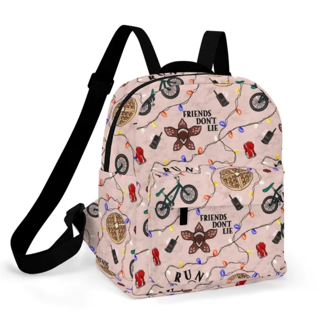 Small custom Stranger Things backpack with a terrifying Demogorgon streetwear graphic and smooth double zippers.