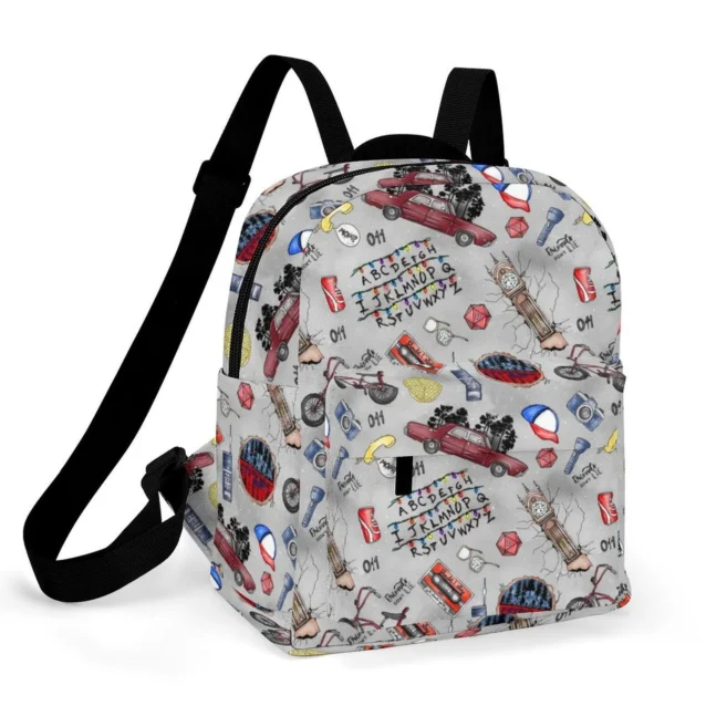 Personalized Stranger Things toddler mini backpack displaying the vintage Retro Hawkins canvas design.