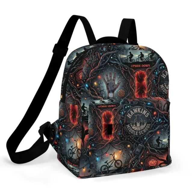 Small personalized Stranger Things canvas backpack for daycare and travel featuring custom text.