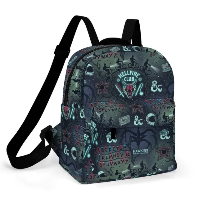 Custom Stranger Things mini backpack for kids featuring the iconic Hellfire Club emblem and personalized name.