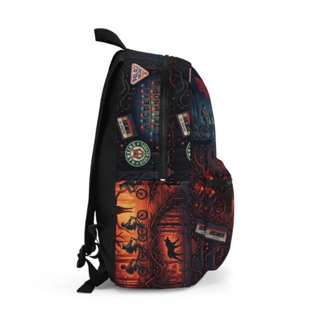Custom Stranger Things school backpack with the Retro Hawkins style, padded shoulder straps, and personalized name.