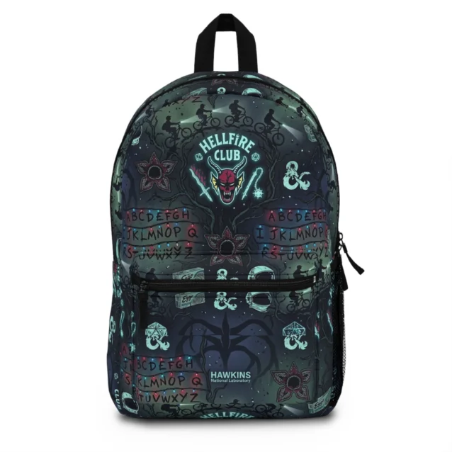 Personalized Stranger Things full-size school backpack featuring a 15-inch laptop sleeve and the Hellfire Club design.