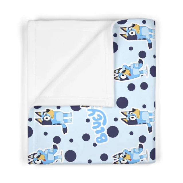 Custom personalized Bluey baby blanket featuring the Heeler family artwork on ultra-soft 30x40 inch light blue fleece.