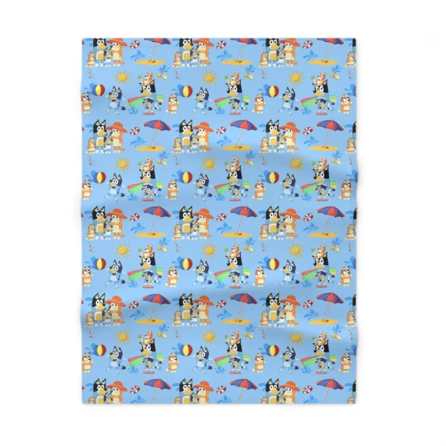 Custom printed dark blue Bluey toddler blanket featuring Bandit character artwork and a child's personalized name graphic.