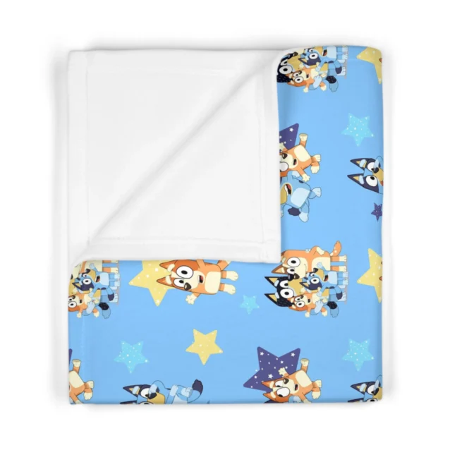 Soft orange custom personalized Bluey blanket featuring Chilli character artwork on durable microfleece.