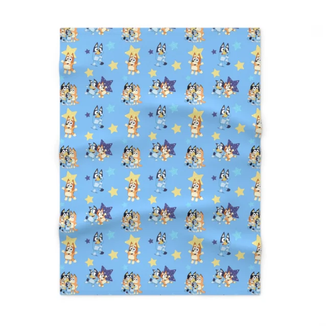 Dark blue personalized Bluey blanket for boys featuring Bandit character graphics on a 30x40 inch fleece rectangle.