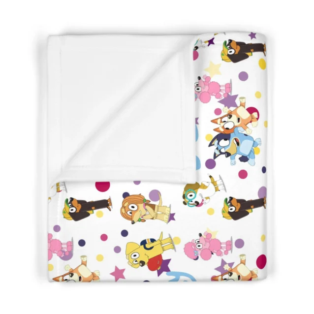 Custom printed green Bluey toddler blanket showcasing vibrant cartoon graphics and a child's personalized name.