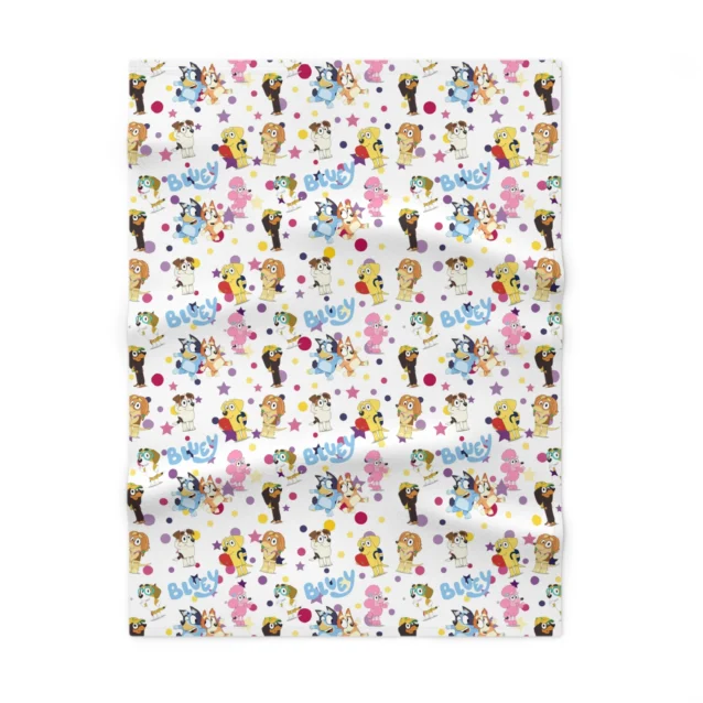 Classic white Bluey custom personalized baby blanket featuring vibrant cartoon graphics printed on a 30x40 inch soft fleece rectangle.