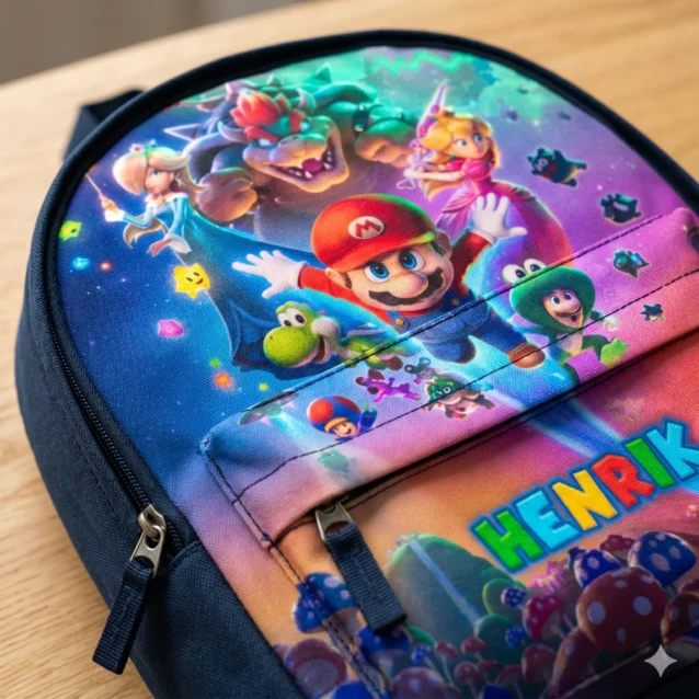 Closeup detail mockup layout of the custom Nintendo variant Super Mario Galaxy bookbag showcasing the high-definition print quality of Mario and Luma characters