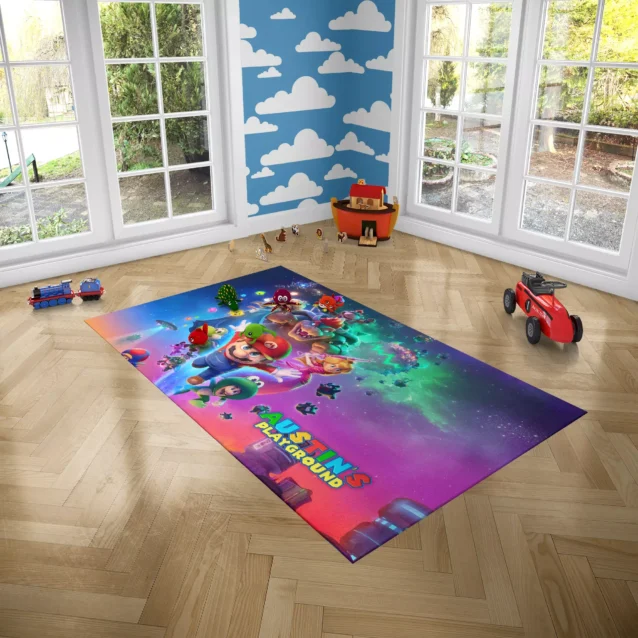 Personalized Super Mario Galaxy character group rug for kids playroom