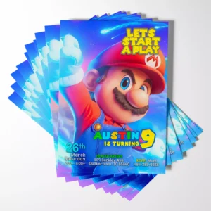 Super Mario riding Yoshi in space birthday invitation design