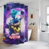 Yellow and blue kids bathroom featuring a customized Mario and Yoshi shower drape.