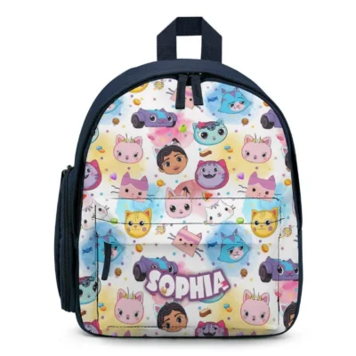 Front display view of the custom personalized Gabby's Dollhouse mini backpack perfectly scaled for toddlers and daycare, featuring vibrant character prints on a lightweight durable frame.
