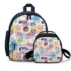 Group showcase presentation of the custom 2-piece Gabby's Dollhouse back-to-school set, displaying the matching kids backpack and thermal lunch box bundle side-by-side.