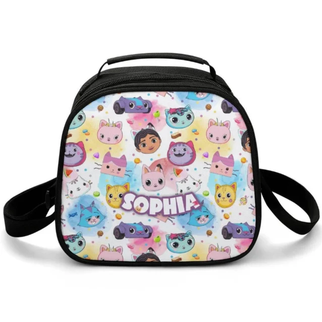 Front display layout of the matching Gabby's Dollhouse insulated thermal lunch bag for school snacks, featuring a secure zipper track and sturdy carrying handle.