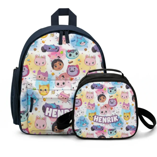 Group showcase presentation of the custom 2-piece Gabby's Dollhouse back-to-school set, displaying the matching kids backpack and thermal lunch box bundle side-by-side.