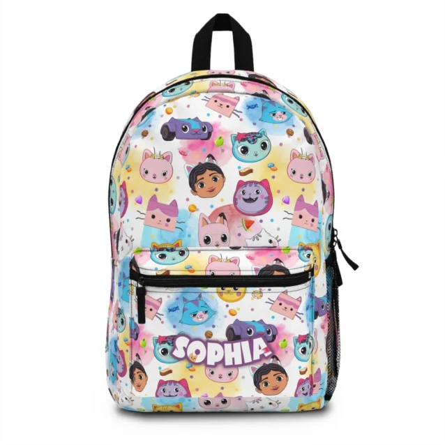 Front display view of the custom personalized Gabby's Dollhouse backpack for kids featuring vibrant character prints of Gabby and her cat friends on a durable fabric frame.