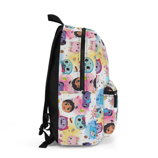 Right side angle view of the Gabby's Dollhouse kids school backpack highlighting the reinforced elastic mesh pocket designed to hold hydration water bottles securely.