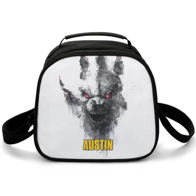 Front view of the custom personalized Godzilla insulated lunch bag for kids, featuring the King of the Monsters graphics and a durable carrying handle.