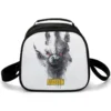 White Godzilla lunch box with a bold black ink-splatter Godzilla face and red eyes, personalized with a name.