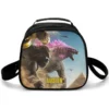 Godzilla and King Kong charging forward under a blue sky on a personalized kids lunch box, with the child's name in bold gold letters.