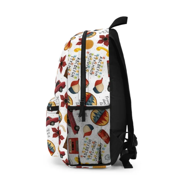 Custom Stranger Things inspired backpack displaying side profile canvas rucksack compartments