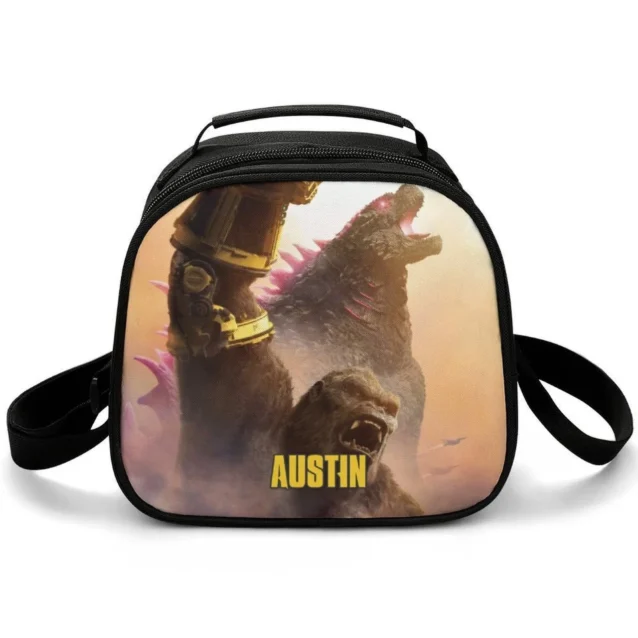 Front display layout of the King Ghidorah three-headed monster personalized lunch box for kids, featuring bright cinematic graphics.