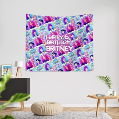 Personalized Kpop birthday banner hanging over a modern wooden console table.