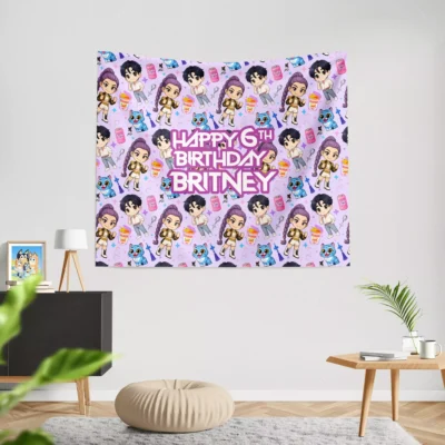 Happy 6th Birthday Britney printed on a vibrant K-pop theme party banner.