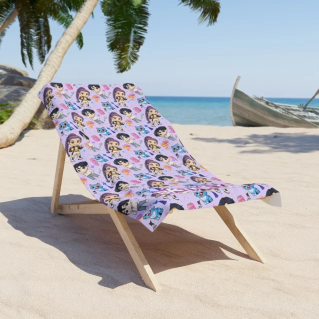 Young woman wrapped in a custom Kpop idol pool towel smiling.