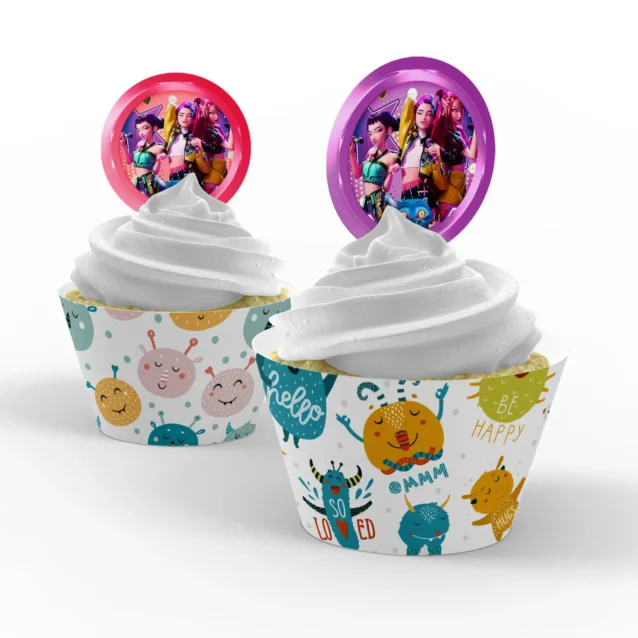 Edible KPop Demon Hunters cupcake toppers on frosted cupcakes