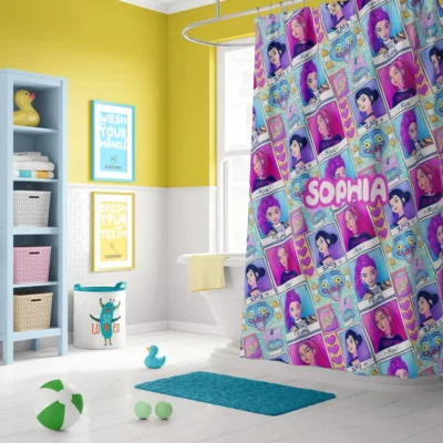 Comic book style Kpop girl group shower curtain for bathroom decor.