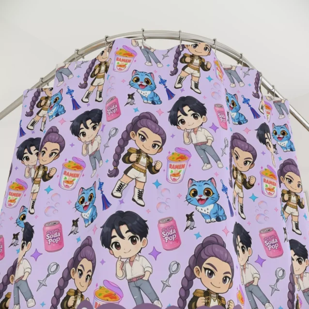 Personalized Kpop shower curtain with custom name Sophia in pink letters.