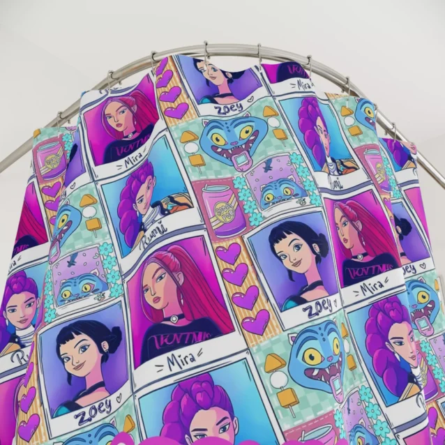 Purple Kpop shower curtain featuring cute chibi boy band characters.