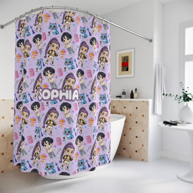 Waterproof Kpop idol shower curtain hanging over a white bathtub.