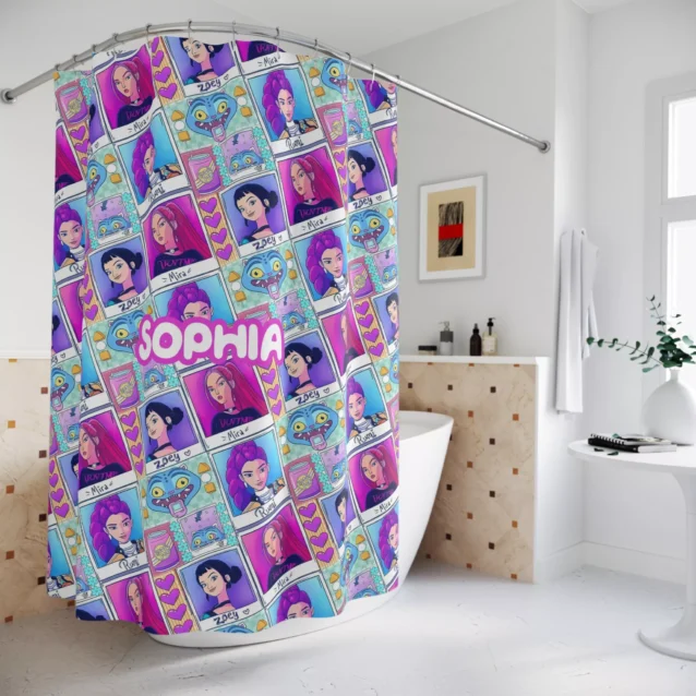 Yellow and blue bathroom interior featuring a vibrant Kpop fan shower curtain.