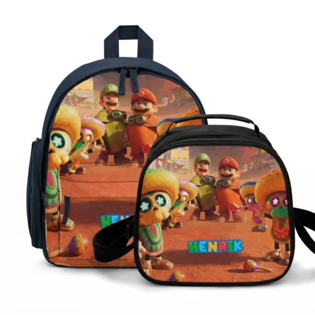 Complete back-to-school academic set lineup photo of the personalized Super Mario Galaxy backpack with lunch bag 2-piece set combo track applied store-wide.