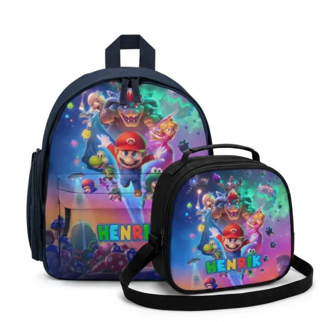 Group showcase presentation view of the matching custom 2-piece Super Mario Galaxy backpack and lunchbox set bundle configuration layouts side-by-side.