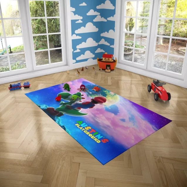 Personalized Super Mario Galaxy playroom rug looking at shattered planets