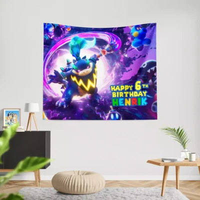 Super Mario flying through space birthday banner customized with age.