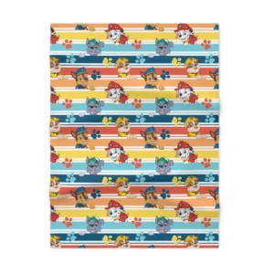 Vibrant personalized Paw Patrol rainbow paws toddler blanket displaying colorful graphics and double-needle edge stitching.