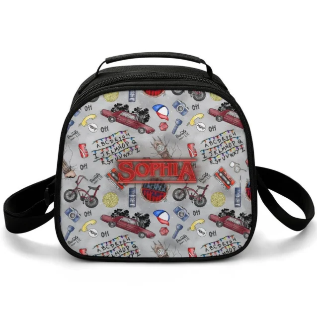 Checkered yellow layout look of a custom name printed Surfer Boy Pizza lunchbox variation.