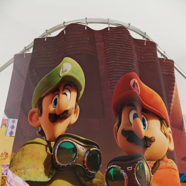 Custom Mario and Luigi shower curtain in desert outfits with ponchos and goggles.